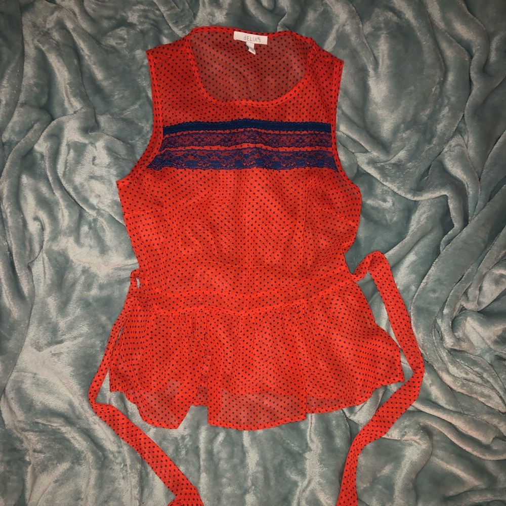 XS Red and Blue Peplum Sheer Blouse